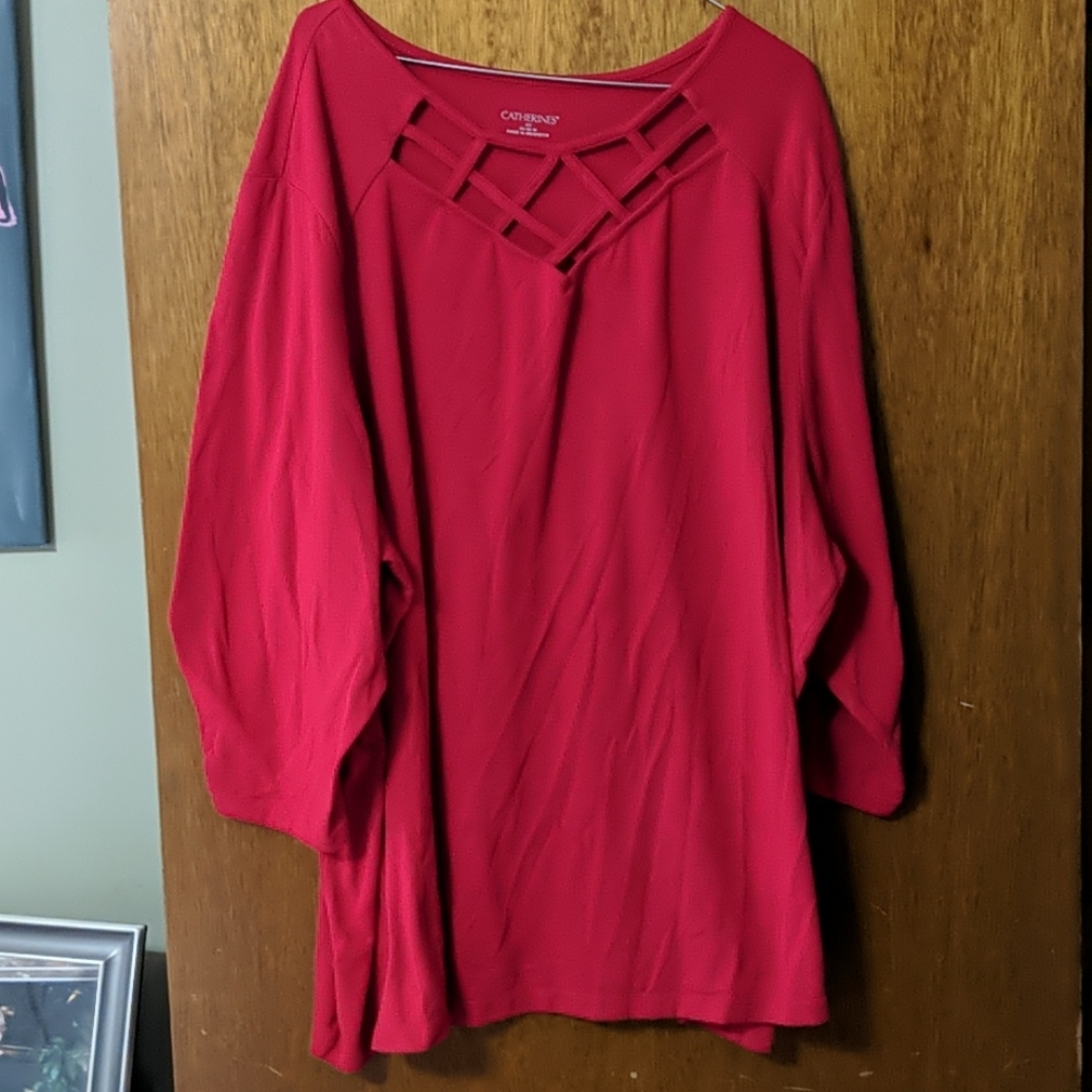 Red shirt criss-cross neckline
